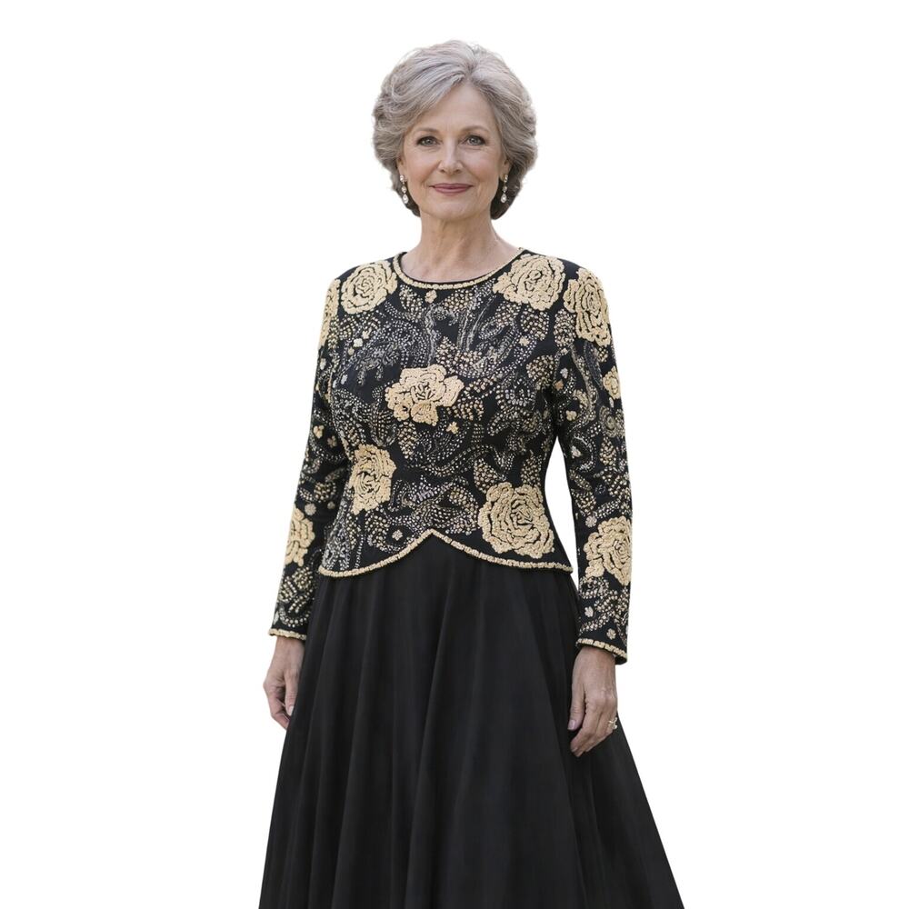VTG Loehmann's Maxi Dress Beaded Floral Black Formal Sequin Wedding Party Mother